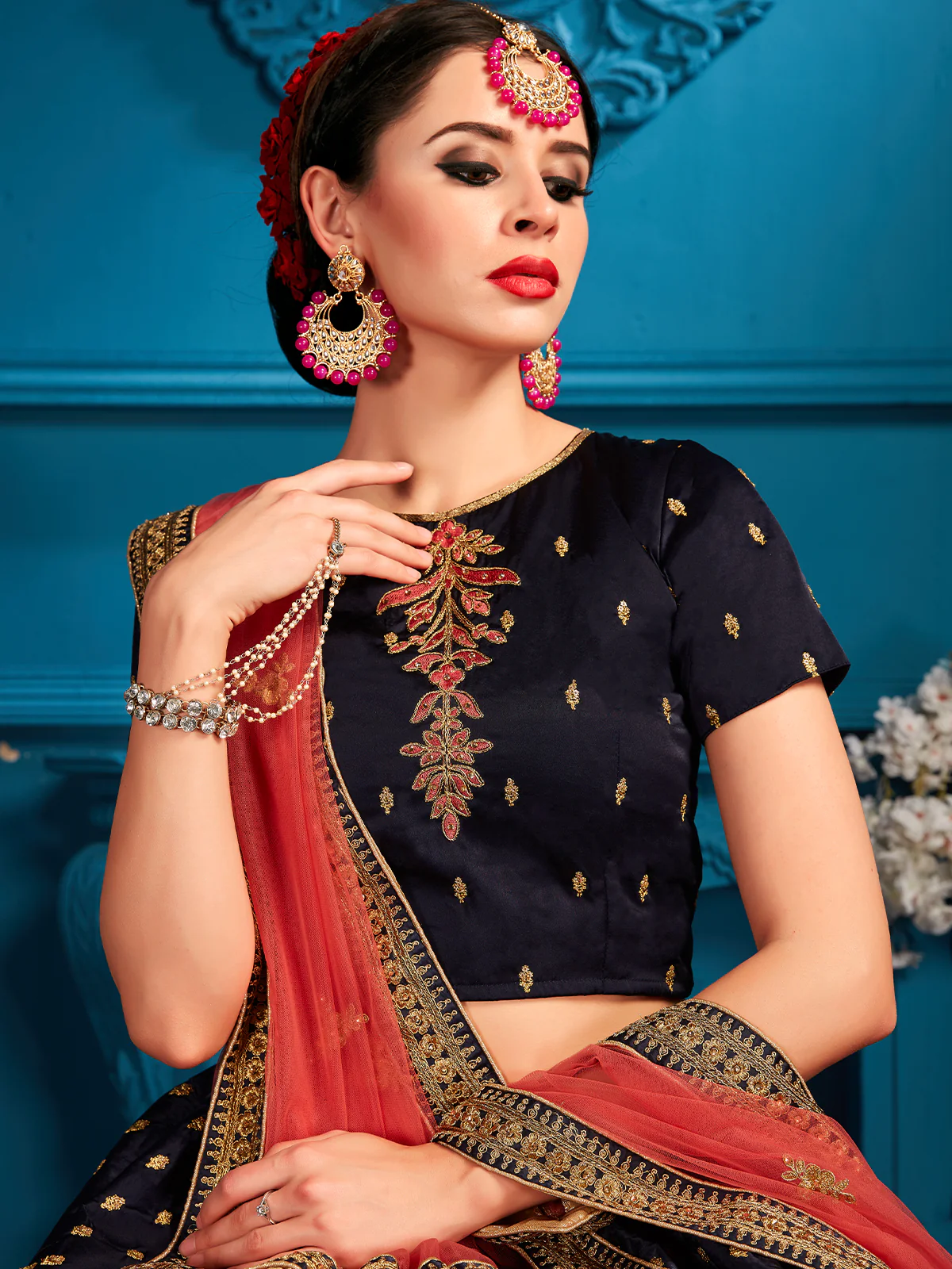 Odette Women Dark Blue Sequins Semi Stitched Lehenga With Unstitched Blouse - Image 4