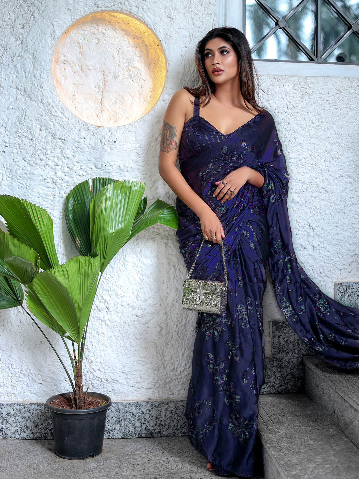 Odette Women Dark Blue Sequin Saree With Unstitched Blouse - Image 2