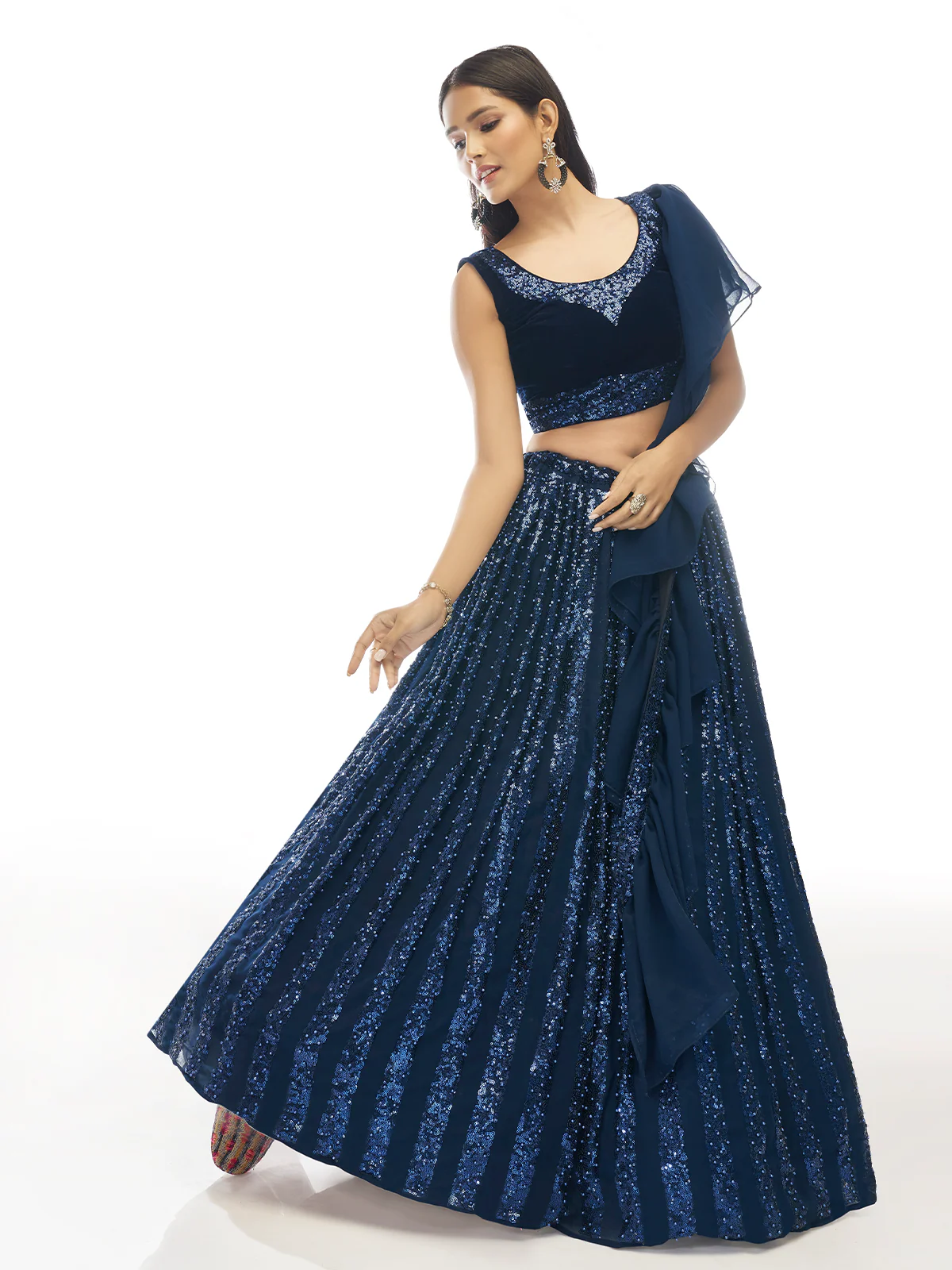 Odette Dark Blue Embroidered Velvet Semi Stitched Lehenga With Unstitched Blouse For Women - Image 2