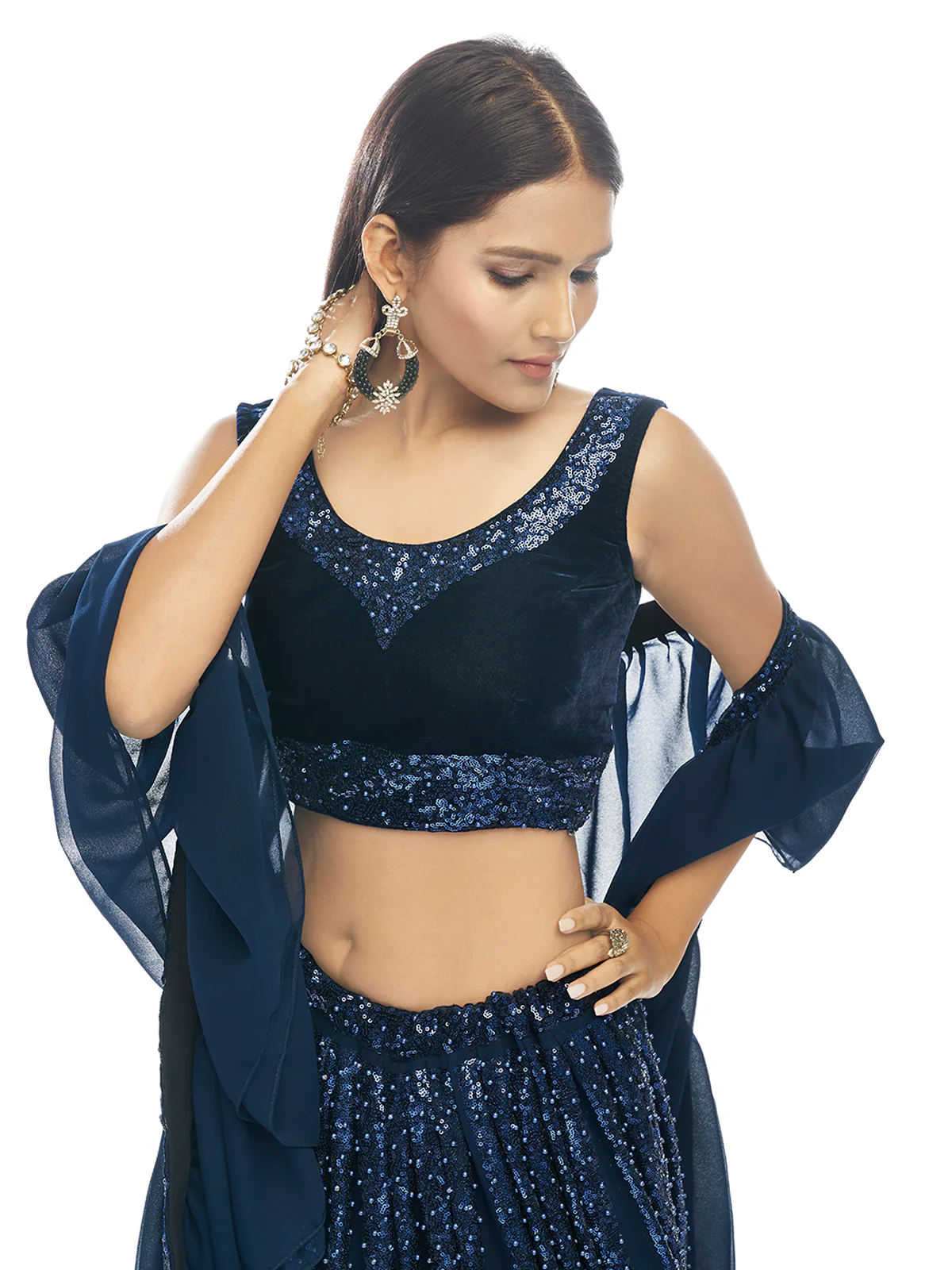 Odette Dark Blue Embroidered Velvet Semi Stitched Lehenga With Unstitched Blouse For Women - Image 4