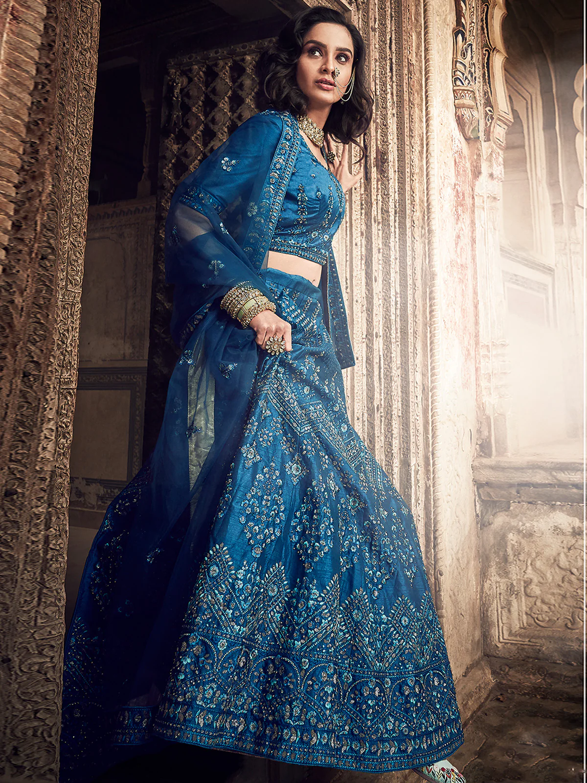 Odette Women Dark Blue Embroidered Art Silk Semi Stitched Lehenga With Unstitched Blouse - Image 2