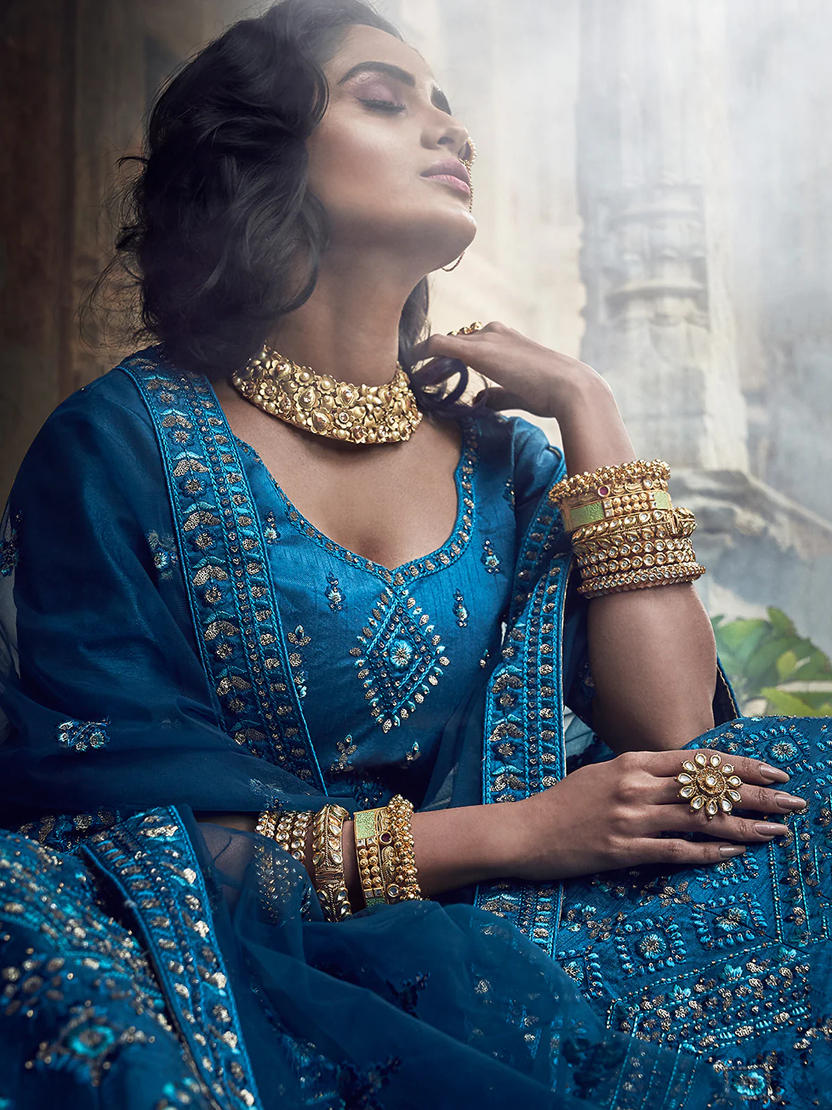 Odette Women Dark Blue Embroidered Art Silk Semi Stitched Lehenga With Unstitched Blouse - Image 3