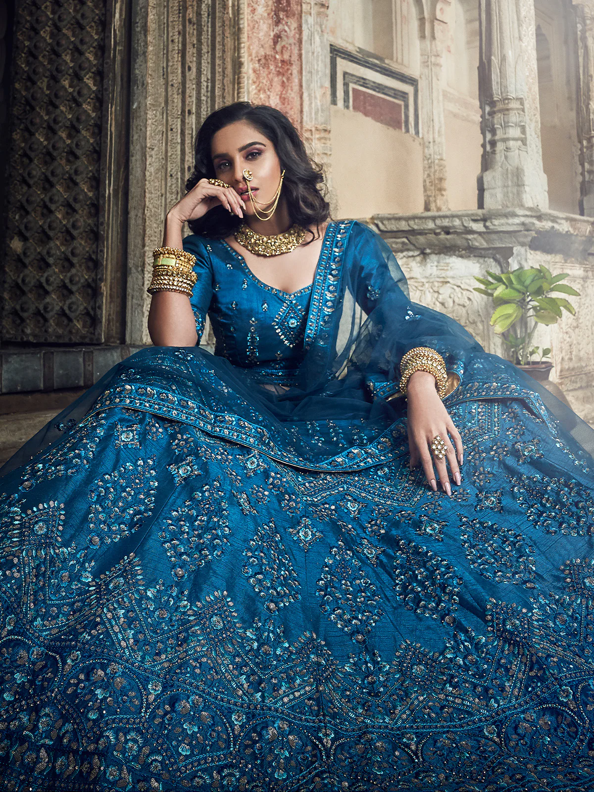 Odette Women Dark Blue Embroidered Art Silk Semi Stitched Lehenga With Unstitched Blouse - Image 4