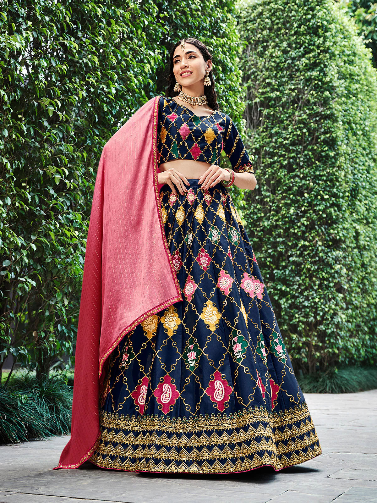 Odette Women Dark Blue Silk Embroidered Semi Stitched Lehenga With  Unstitched Blouse - Image 2