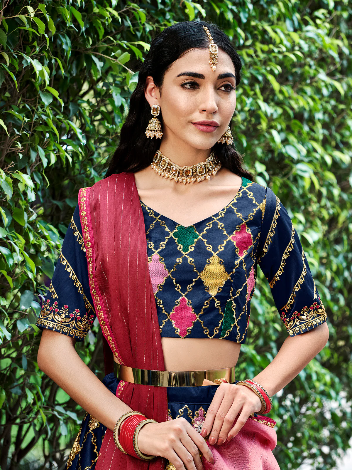 Odette Women Dark Blue Silk Embroidered Semi Stitched Lehenga With  Unstitched Blouse - Image 3