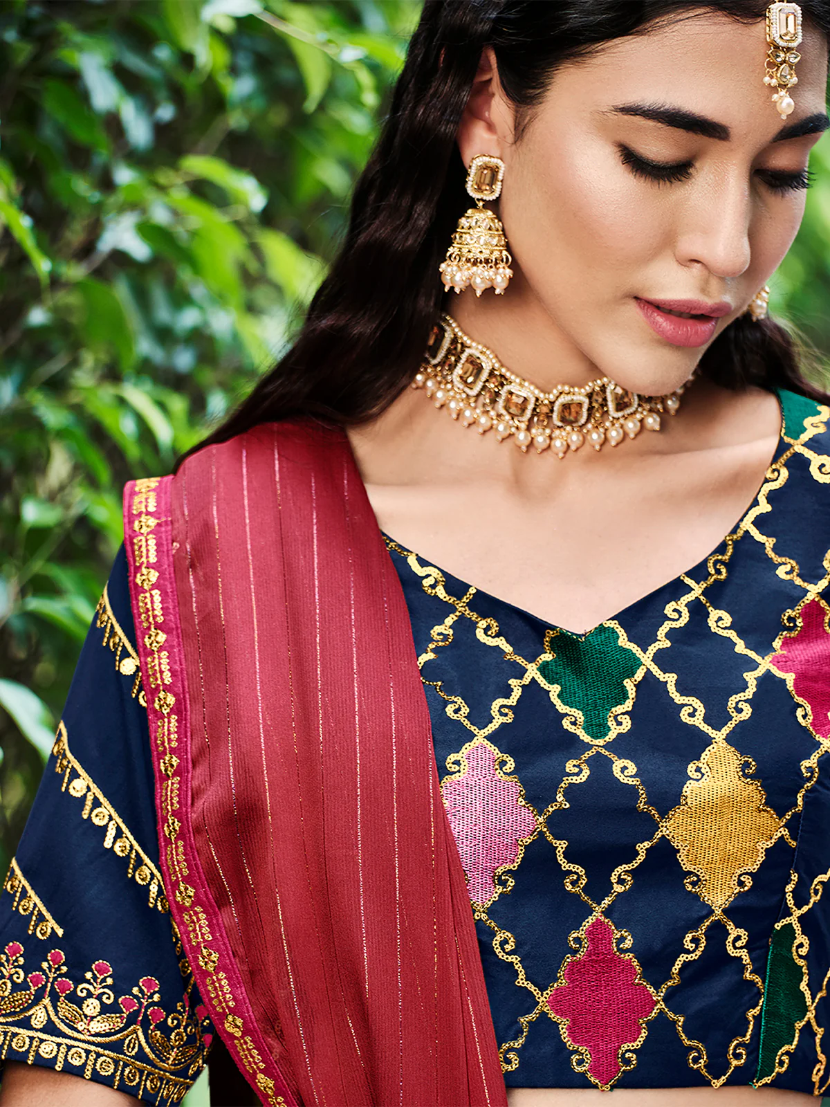 Odette Women Dark Blue Silk Embroidered Semi Stitched Lehenga With  Unstitched Blouse - Image 5