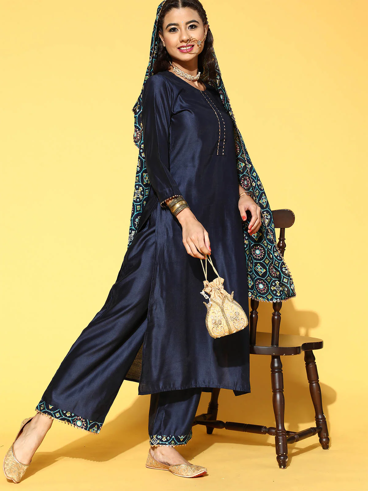 Odette Women Dark Blue Solid Straight Stitched Kurta Palazzo Dupatta Set