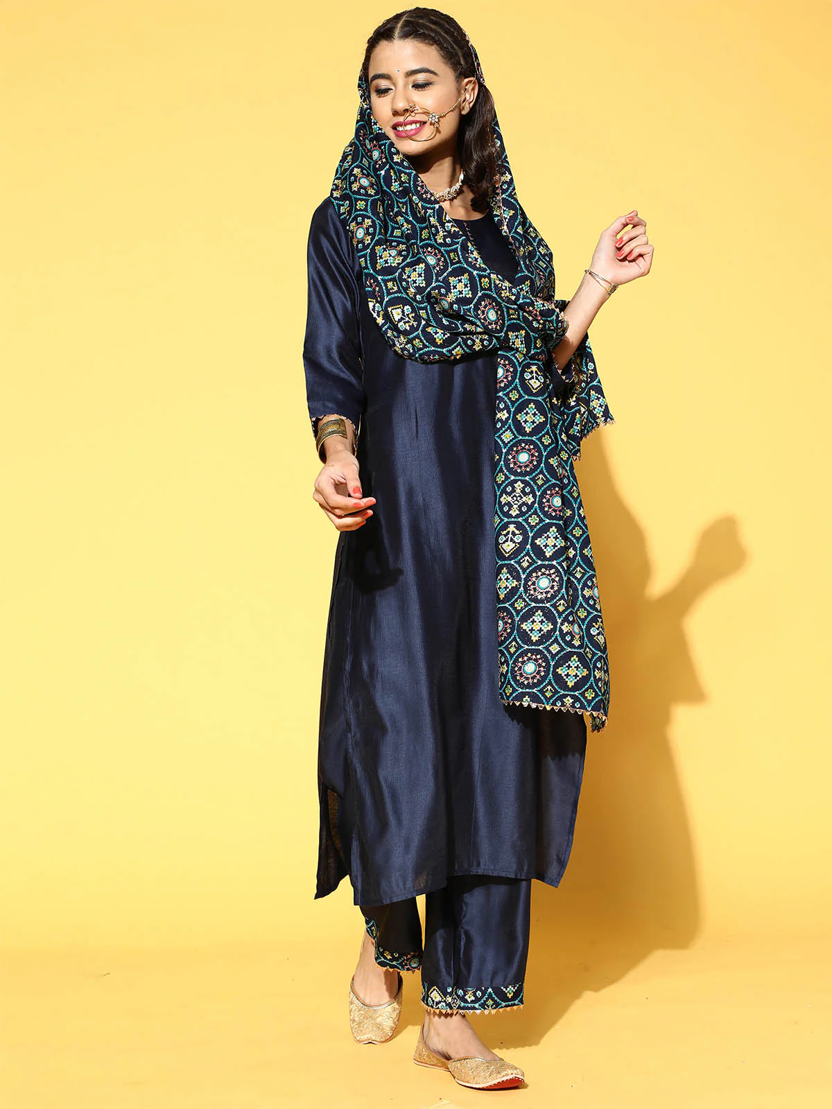 Odette Women Dark Blue Solid Straight Stitched Kurta Palazzo Dupatta Set - Image 4