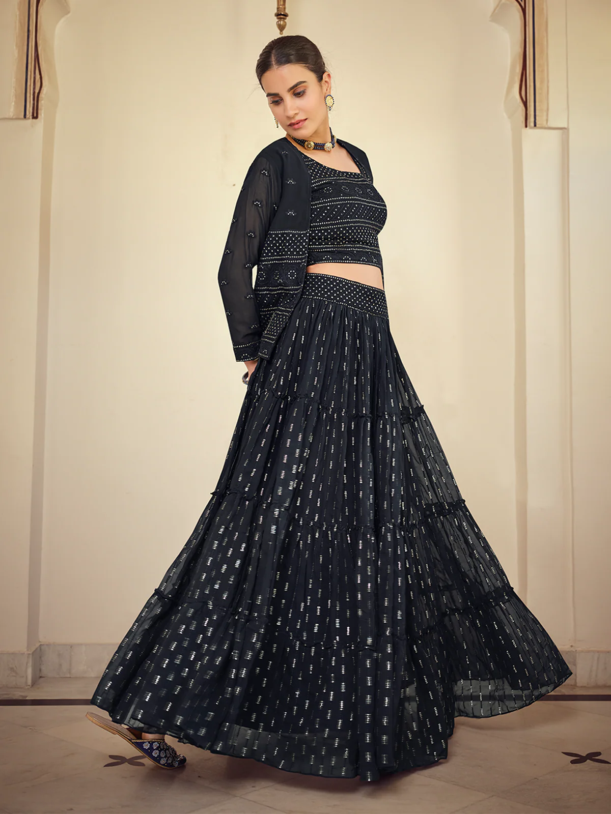 Odette Women Dark Blue Embroidered Georgette Semi Stitched Lehenga With Unstitched Blouse - Image 2