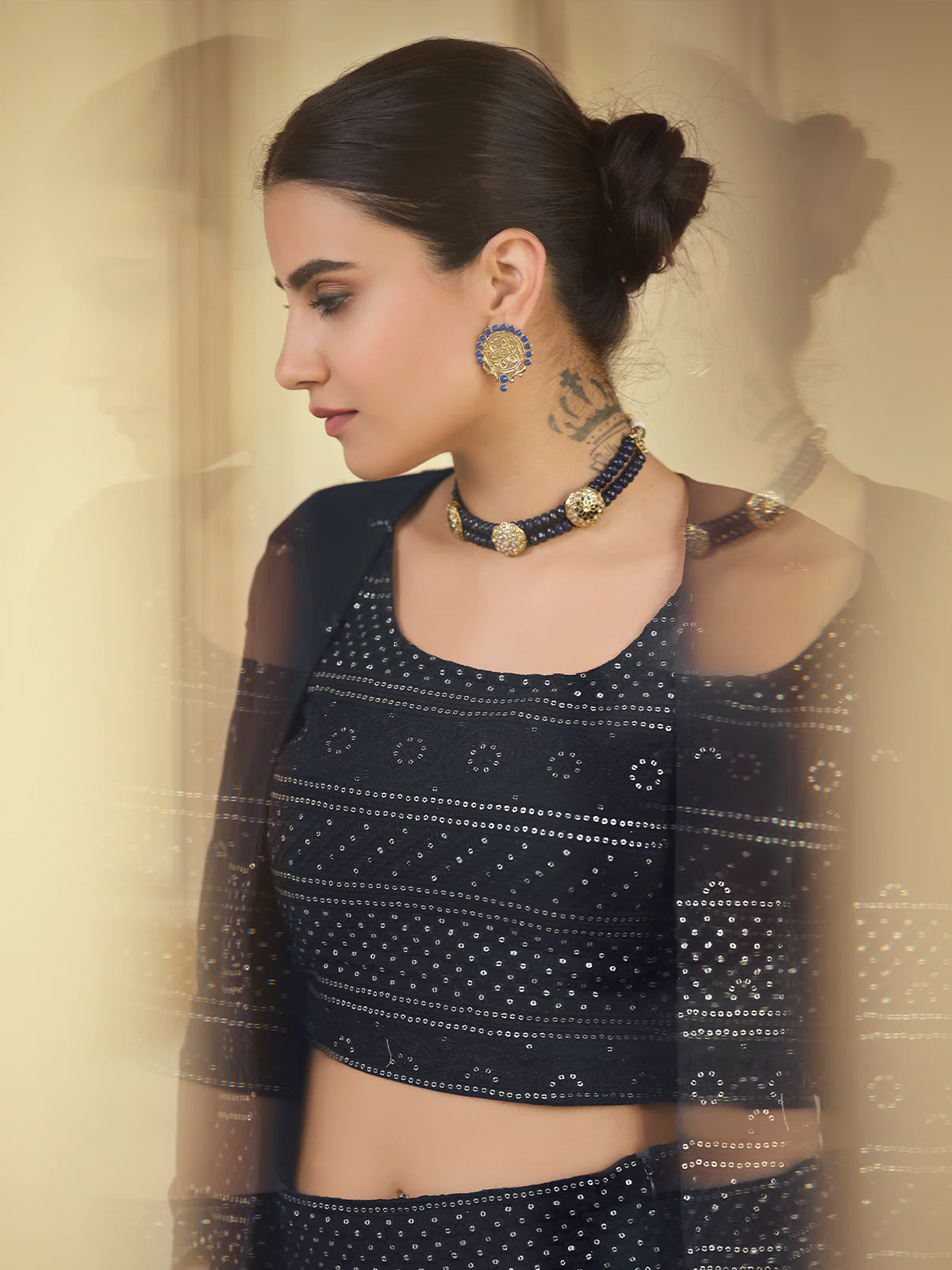 Odette Women Dark Blue Embroidered Georgette Semi Stitched Lehenga With Unstitched Blouse - Image 3