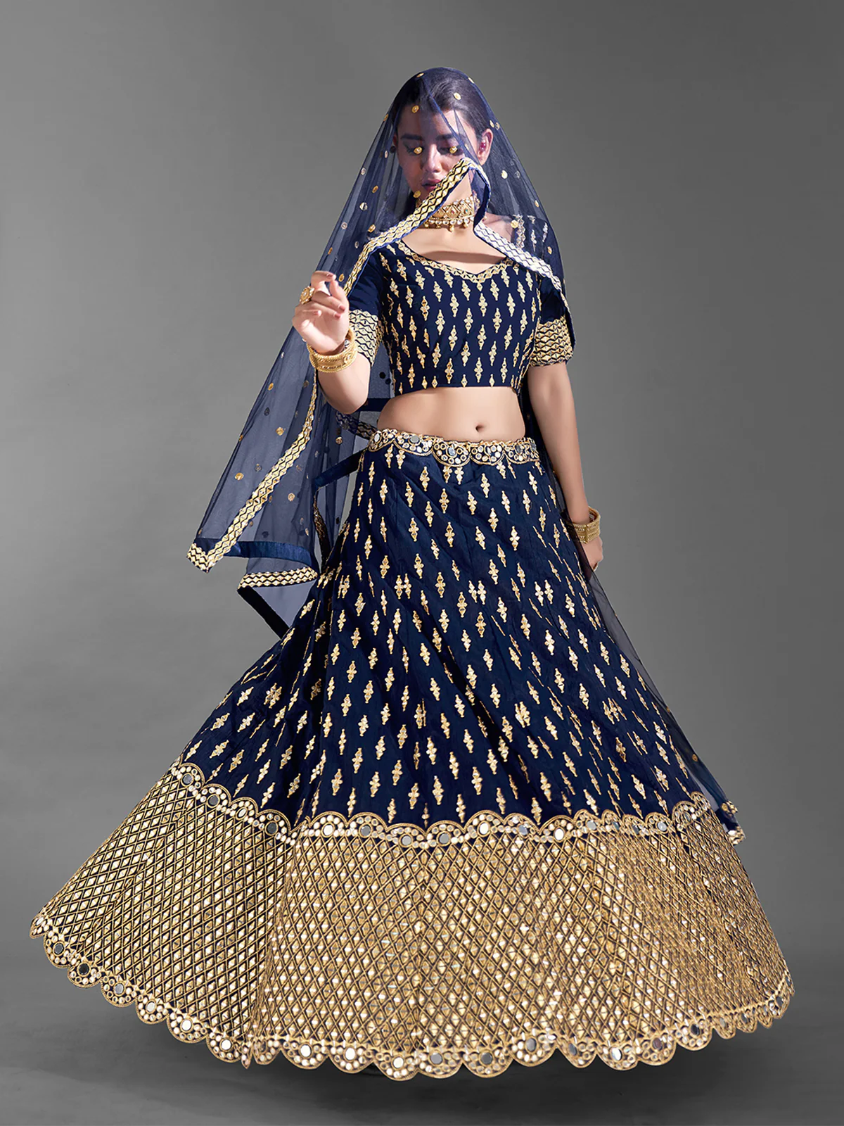 Odette Women Dark Blue Art Silk Semi Stitched Lehenga With Unstitched Blouse - Image 3