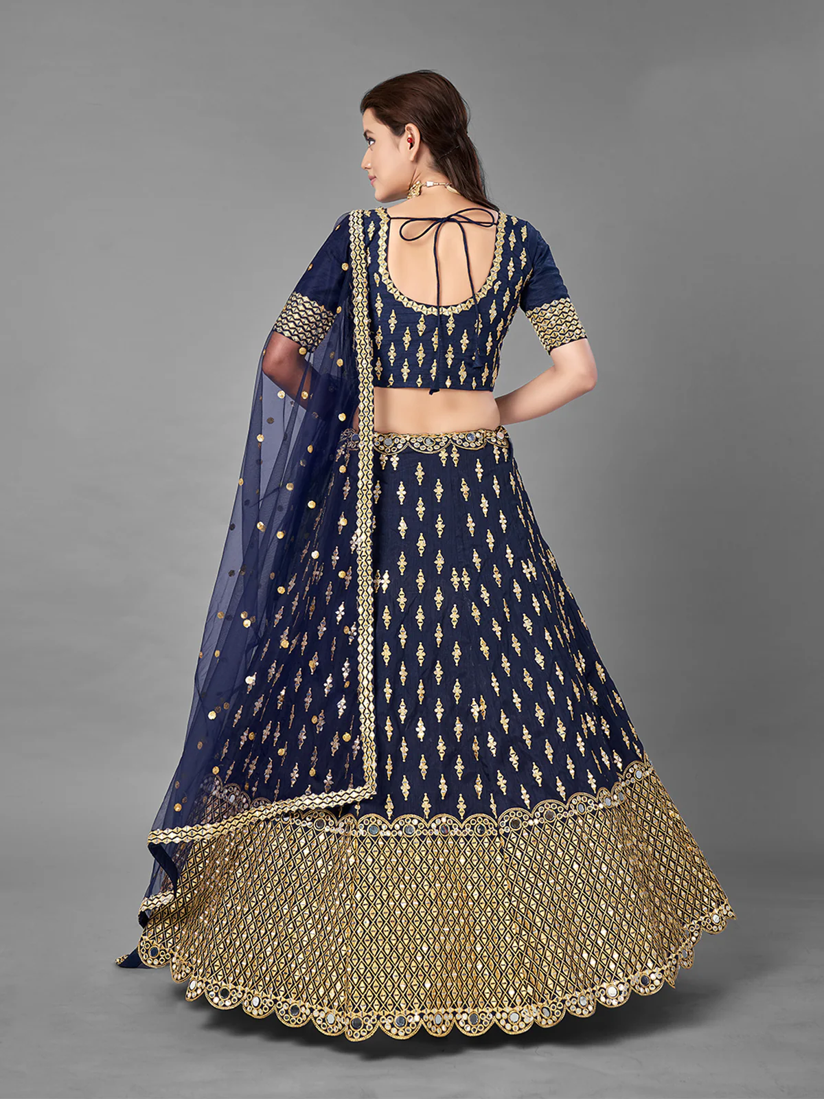 Odette Women Dark Blue Art Silk Semi Stitched Lehenga With Unstitched Blouse - Image 5