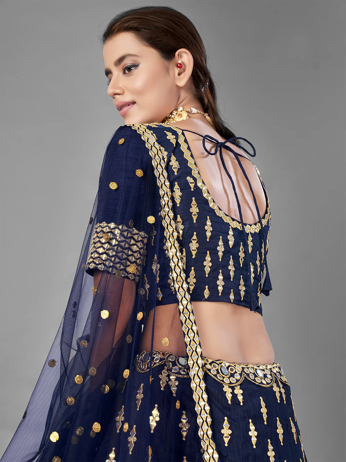 Odette Women Dark Blue Art Silk Semi Stitched Lehenga With Unstitched Blouse - Image 6