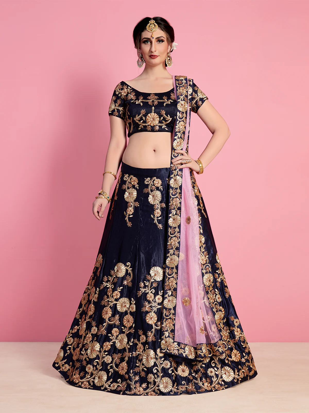 Odette Women Dark Blue Embroidered Velvet Silk Semi Stitched Lehenga With Unstitched Blouse - Image 2