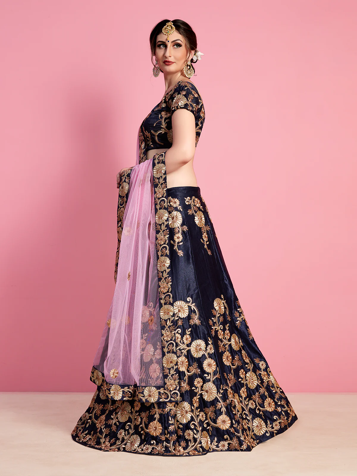 Odette Women Dark Blue Embroidered Velvet Silk Semi Stitched Lehenga With Unstitched Blouse - Image 4