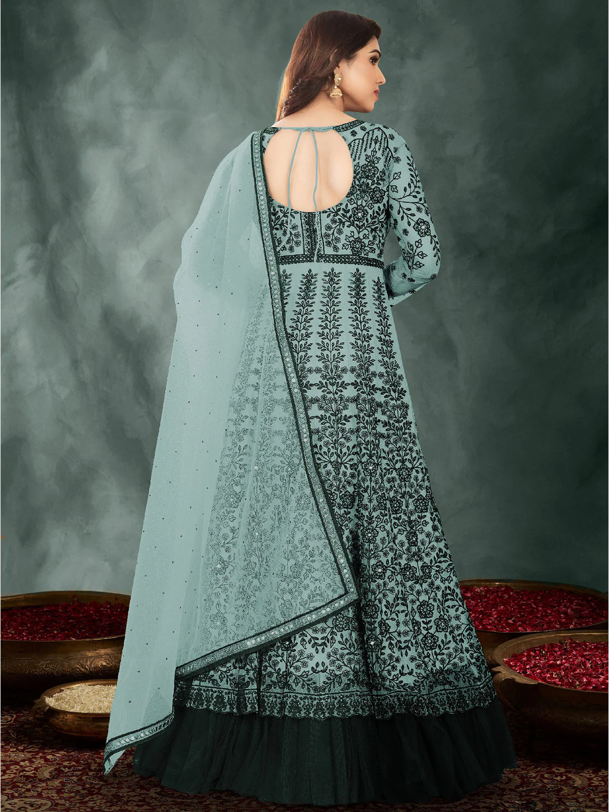 Odette Women Dark Green Colored Partywear Embroidered Netted Semi Stitched Anarkali Sui - Image 2