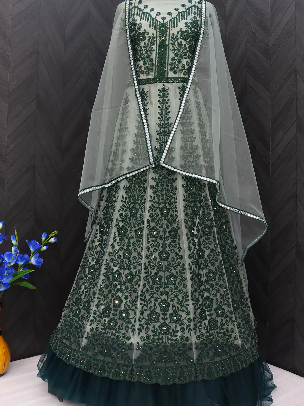 Odette Women Dark Green Colored Partywear Embroidered Netted Semi Stitched Anarkali Sui - Image 3