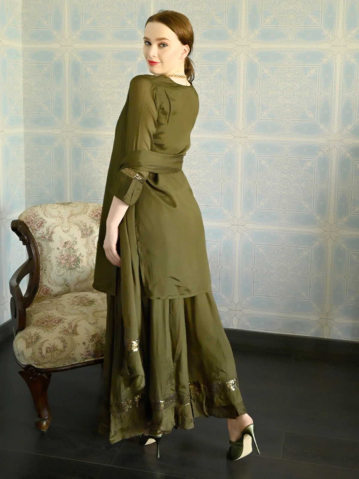Odette Women Dark Green Crepe Designer Stitched Kurta Set - Image 3