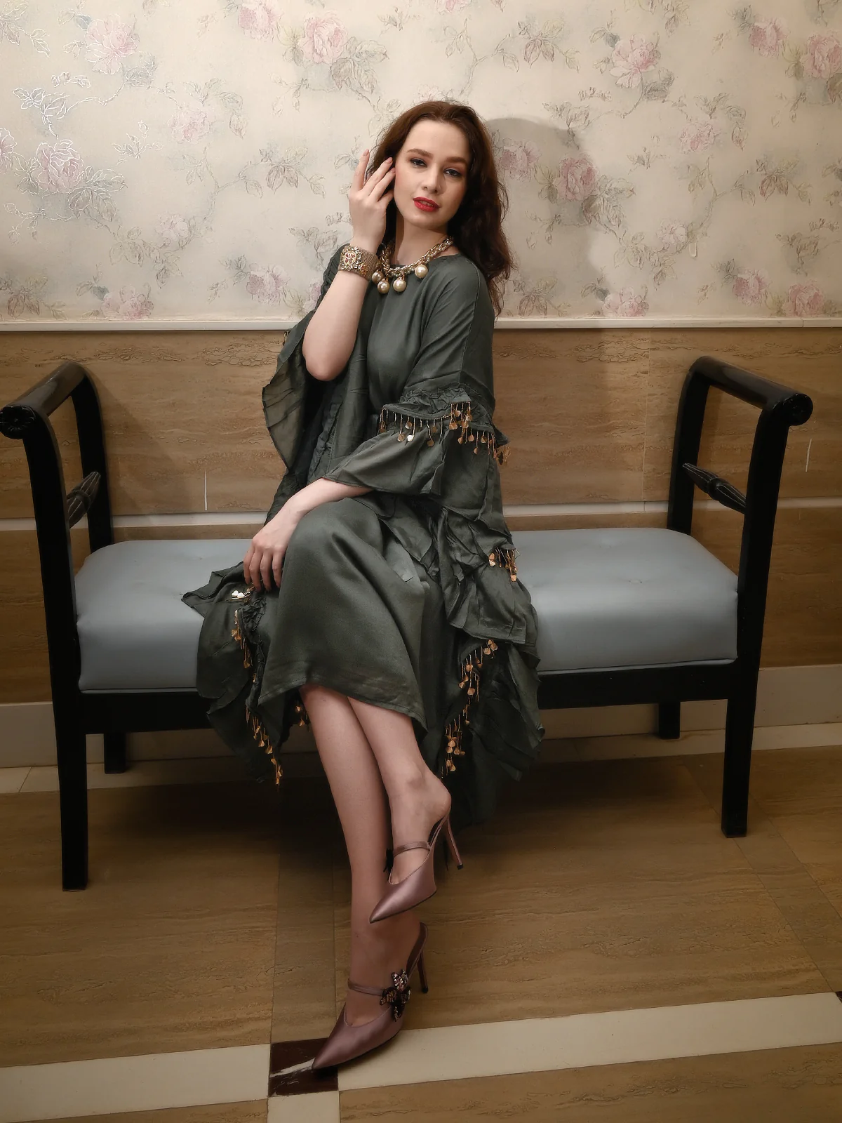 Odette Women Dark Green Crepe Designer Stitched Indo-Western Dress - Image 3