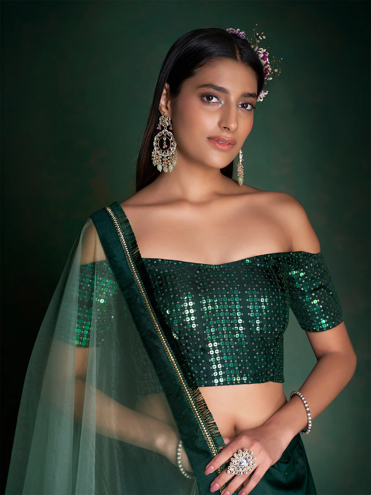 Odette Women Dark Green Embroidered Festive Semi Stitched Lehenga With Unstitched Blouse - Image 4
