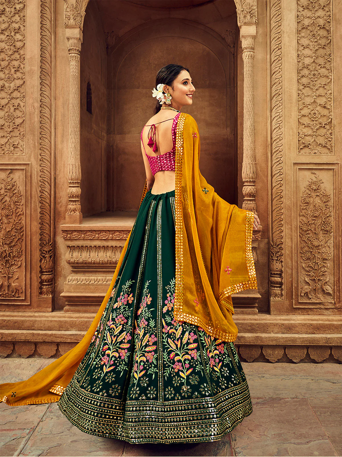 Odette Women Dark Green Embroidered Festive Semi Stitched Lehenga With  Unstitched Blouse - Image 3