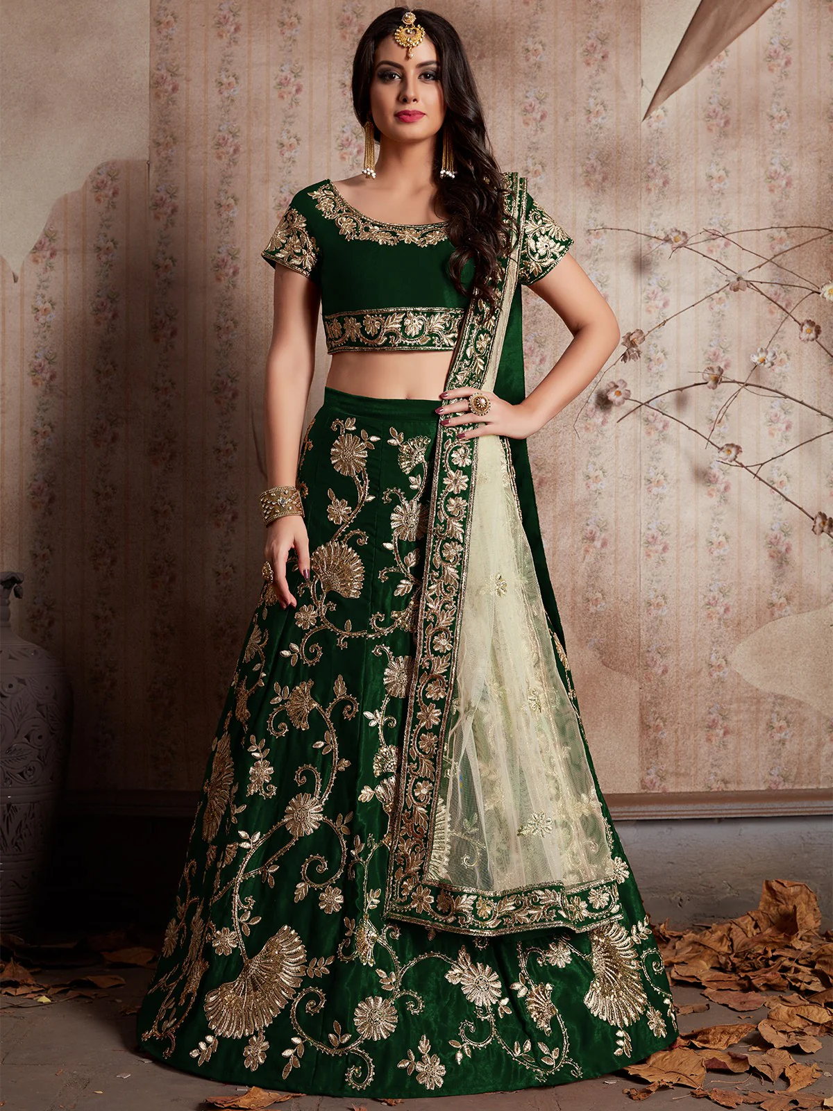 Odette Women Dark Green Embroidered Semi Stitched Lehenga With Unstitched Blouse - Image 3