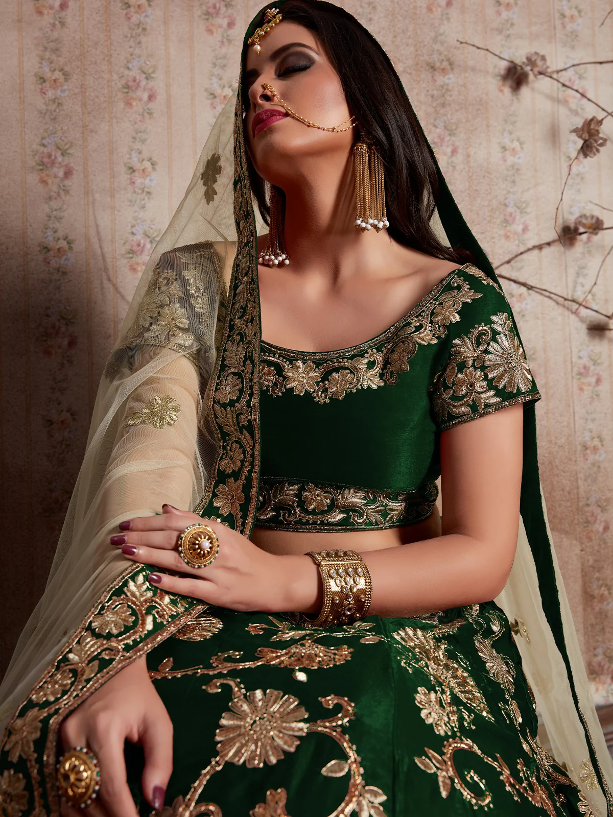 Odette Women Dark Green Embroidered Semi Stitched Lehenga With Unstitched Blouse - Image 5