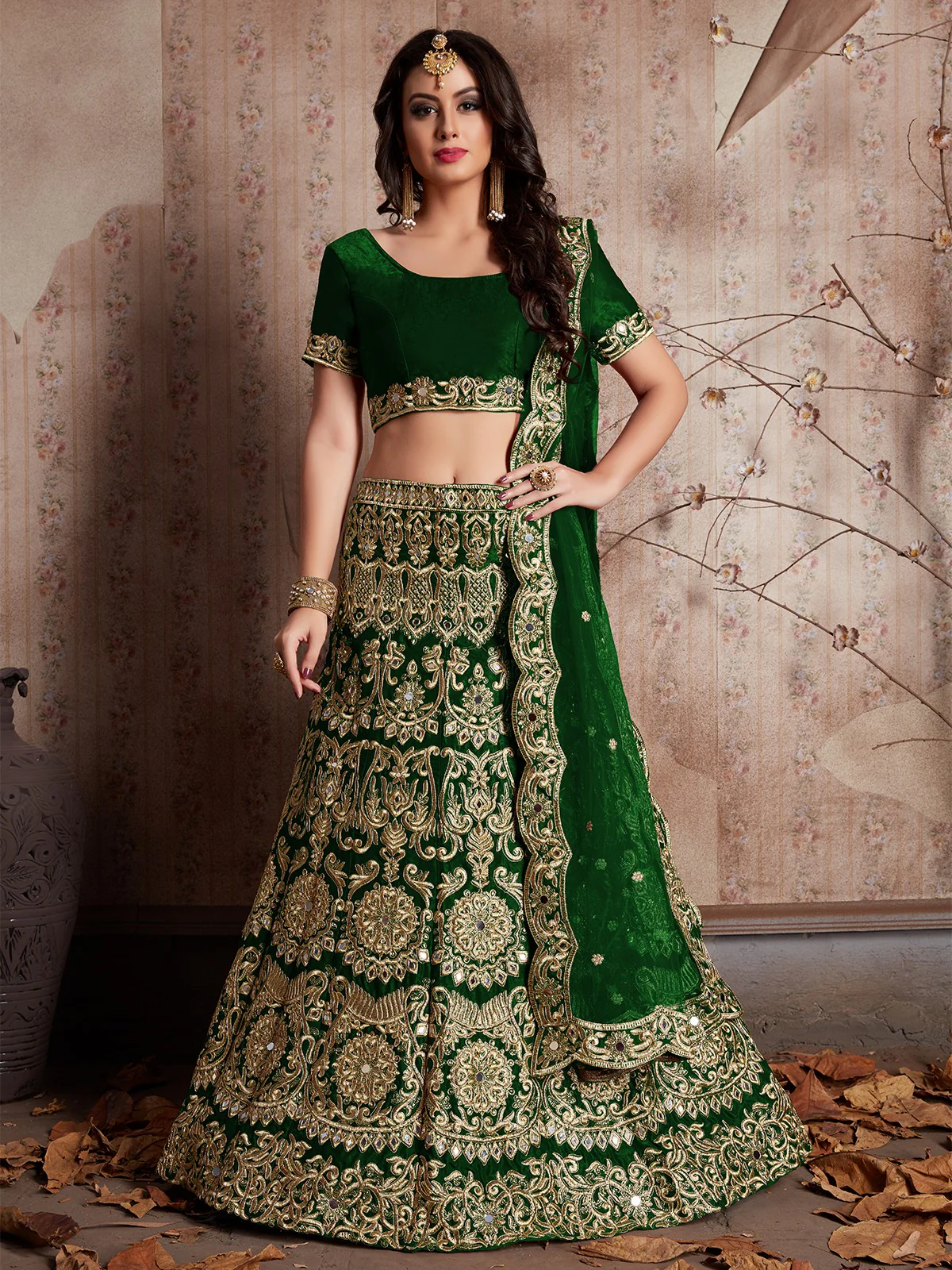 Odette Women Dark Green Embroidered Semi Stitched Lehenga With Unstitched Blouse - Image 2