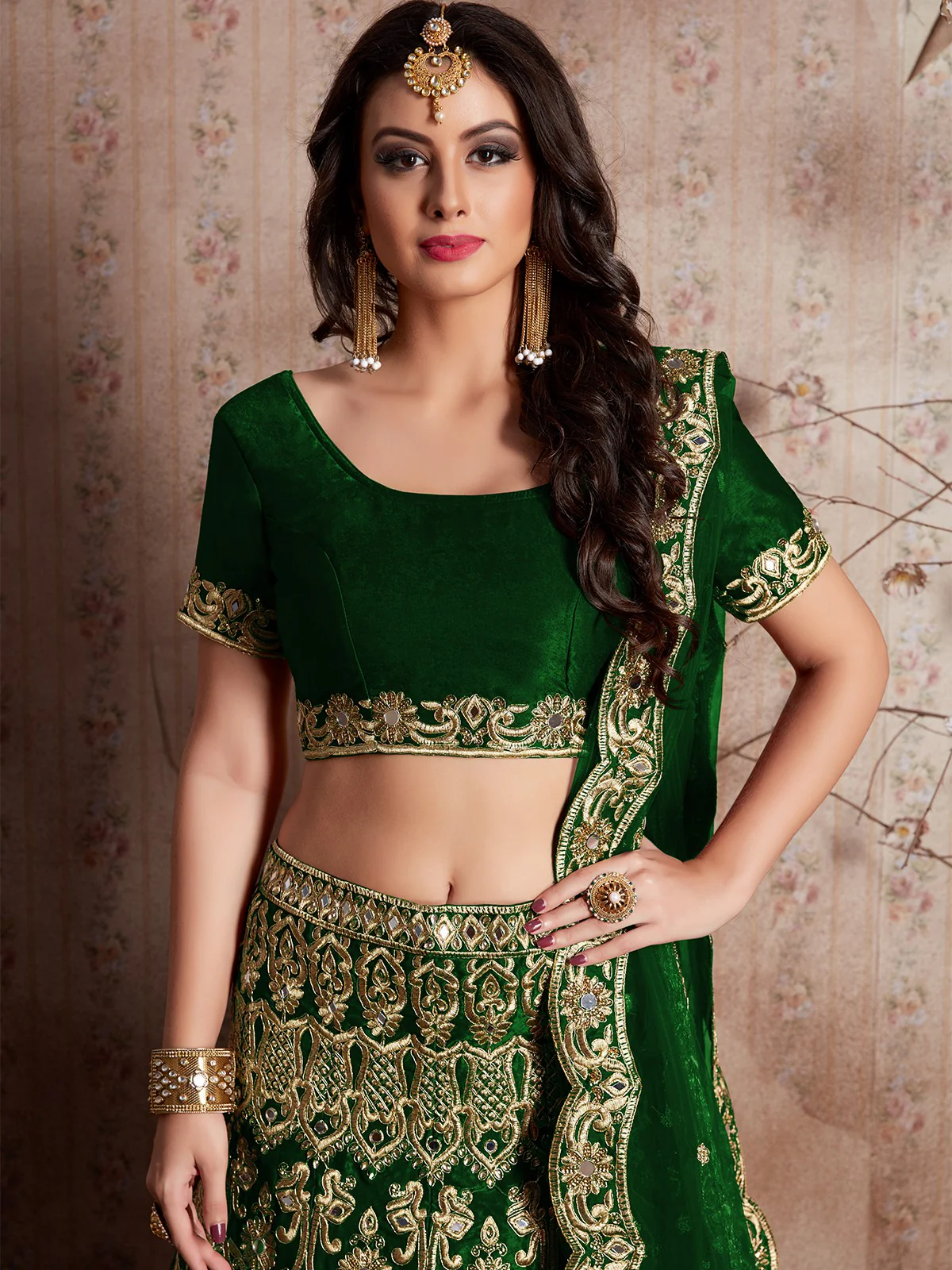 Odette Women Dark Green Embroidered Semi Stitched Lehenga With Unstitched Blouse - Image 3