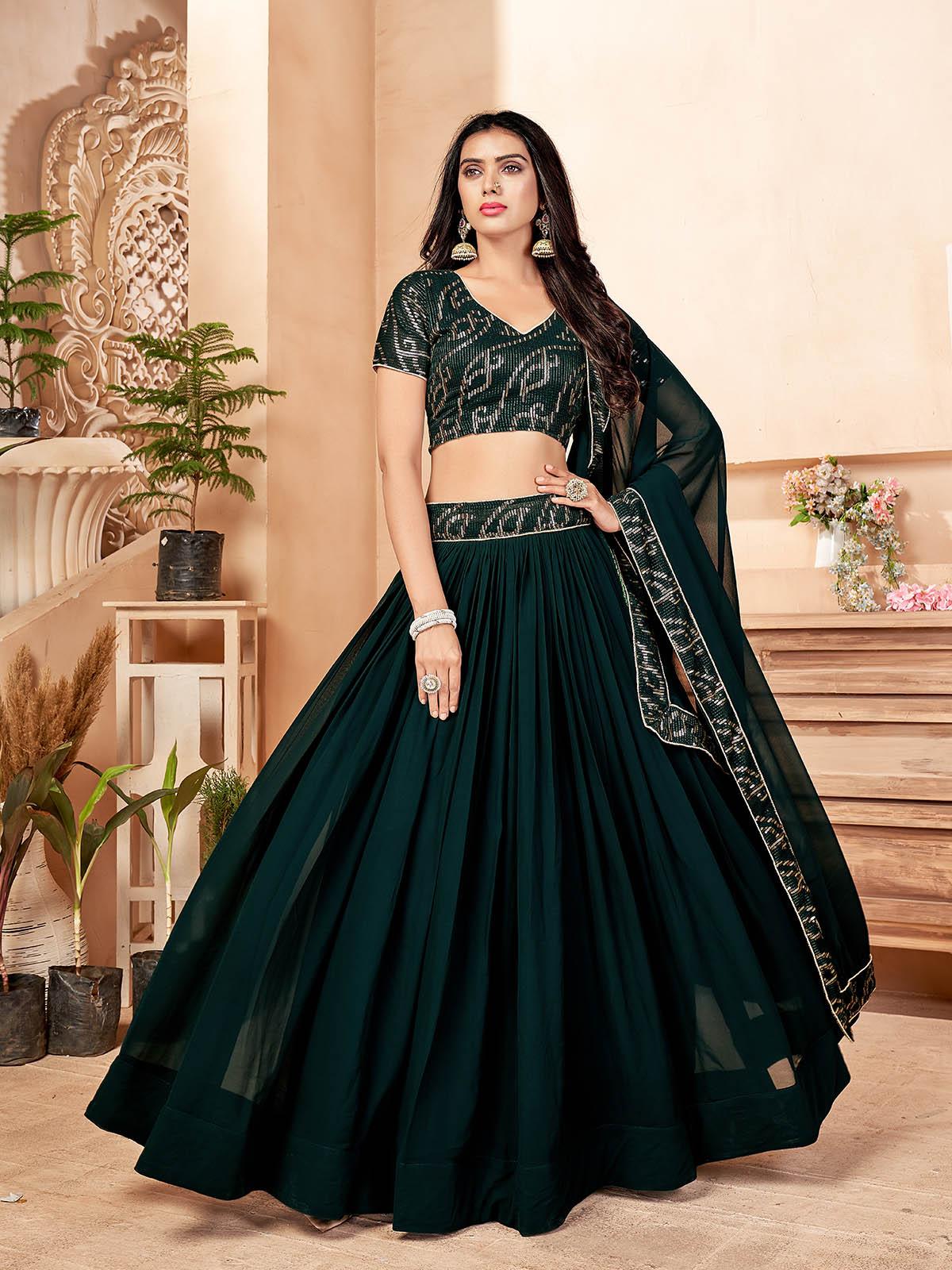 Odette Women Dark Green Faux Georgette Semi Stitched Lehenga With  Unstitched Blouse - Image 2