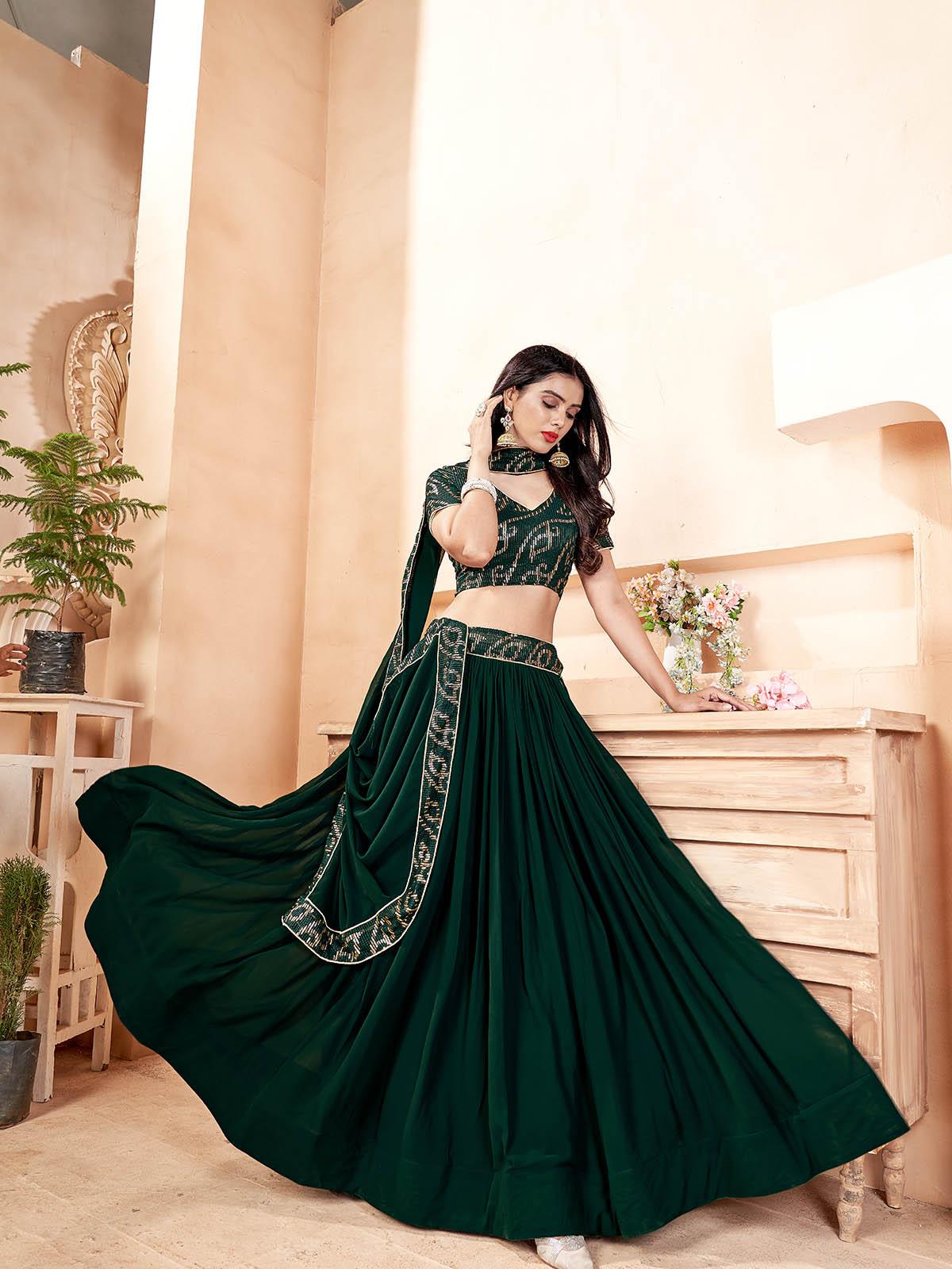 Odette Women Dark Green Faux Georgette Semi Stitched Lehenga With  Unstitched Blouse - Image 4