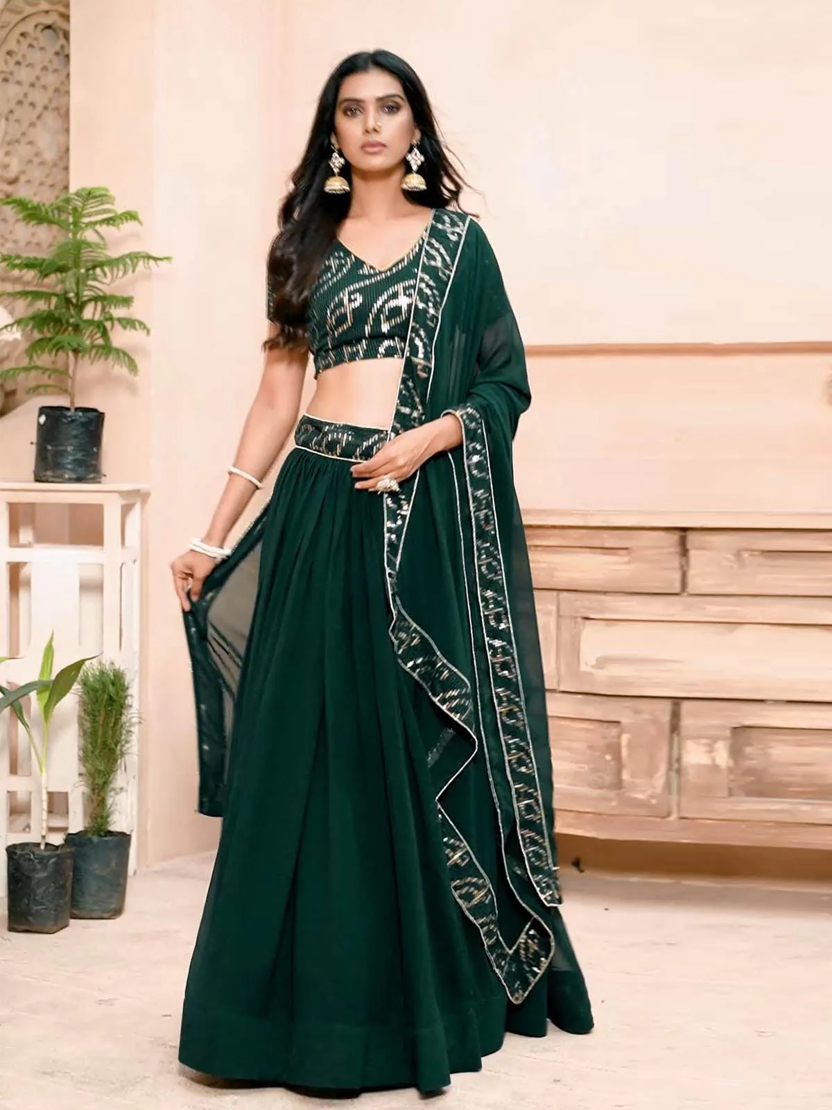 Odette Women Dark Green Faux Georgette Semi Stitched Lehenga With  Unstitched Blouse - Image 8