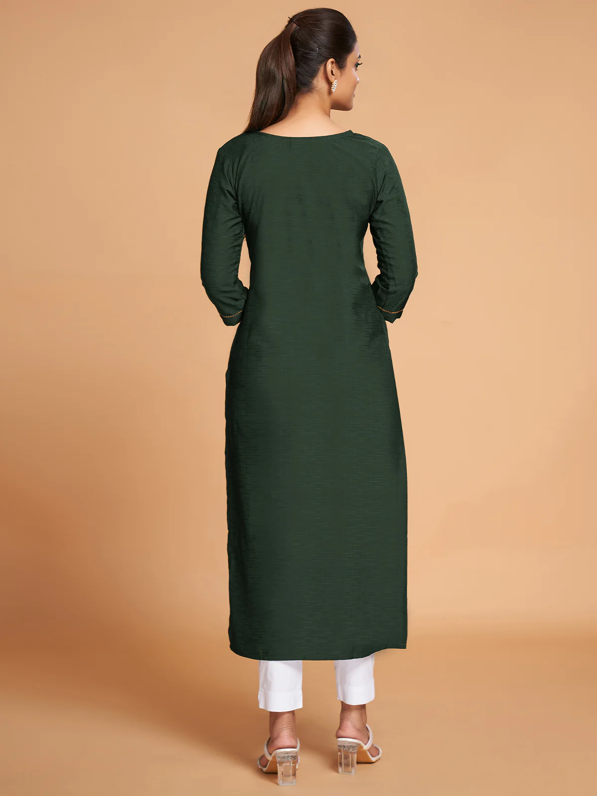 Odette Women Dark Green Silk Blend Straight Cut Stitched Kurta - Image 4