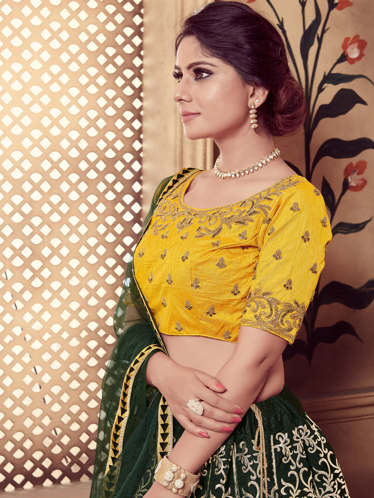 Odette Women Dark Green Silk Foil Work Semi Stitched Lehenga With  Unstitched Blouse - Image 4