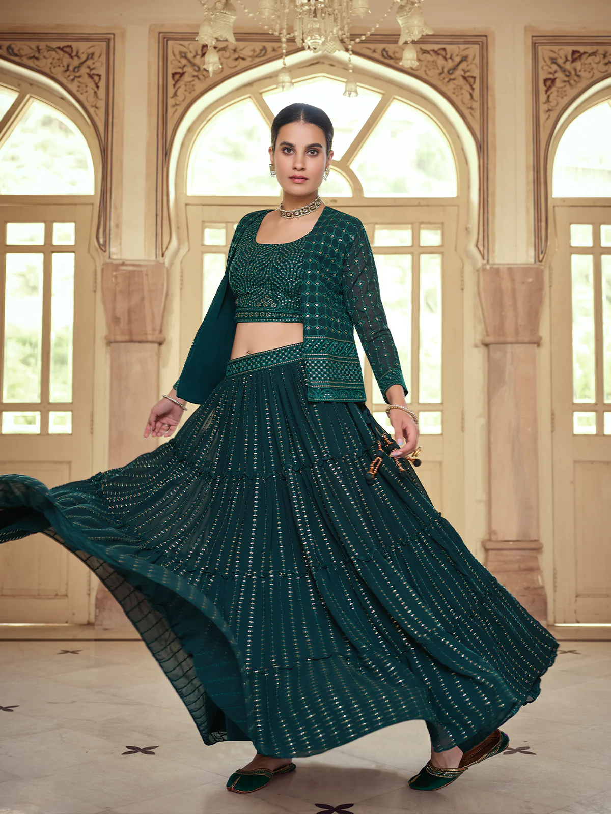 Odette Women Dark Green Embroidered Georgette Semi Stitched Lehenga With Unstitched Blouse - Image 2