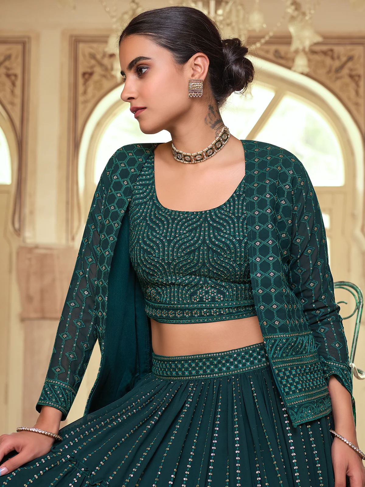 Odette Women Dark Green Embroidered Georgette Semi Stitched Lehenga With Unstitched Blouse - Image 4
