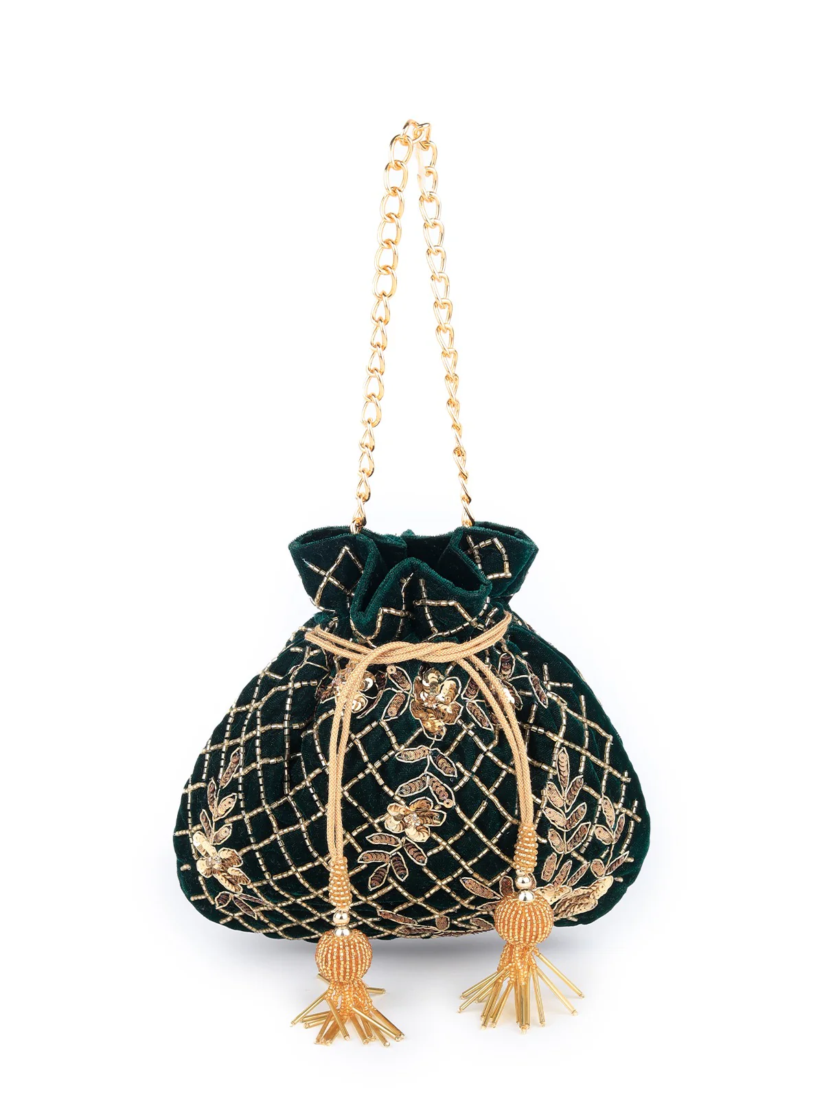 Odette Women Dark Green Velvet Potli Bag With Golden Embroidery - Image 3