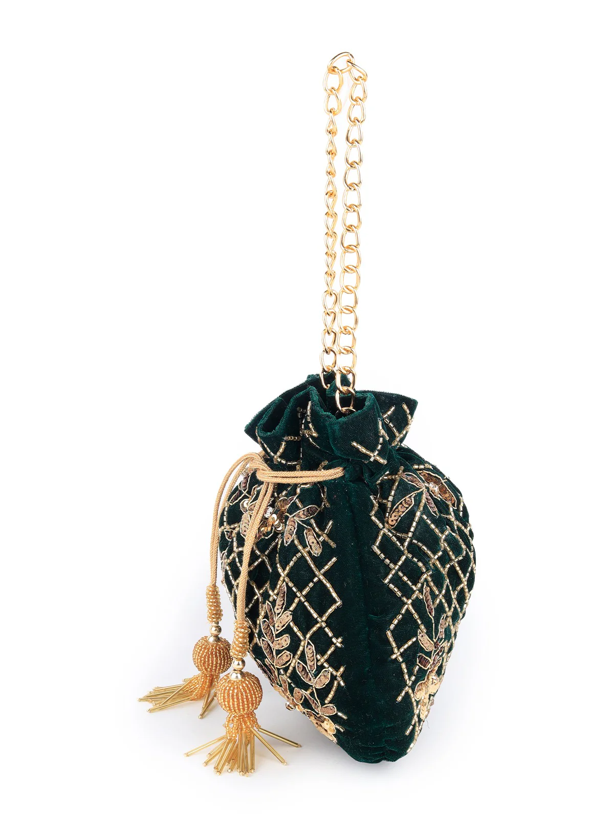 Odette Women Dark Green Velvet Potli Bag With Golden Embroidery - Image 4