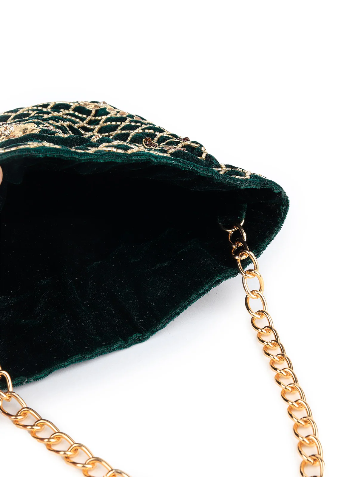 Odette Women Dark Green Velvet Potli Bag With Golden Embroidery - Image 5