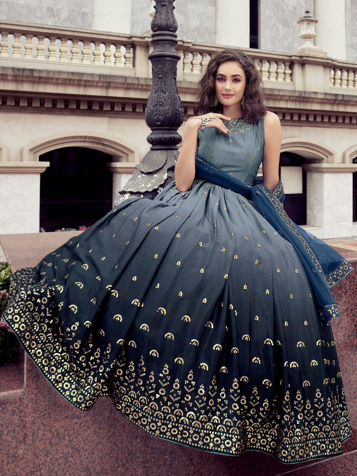 Odette Women Dark Grey Shaded Semi Stitched Gown With Dupatta - Image 2