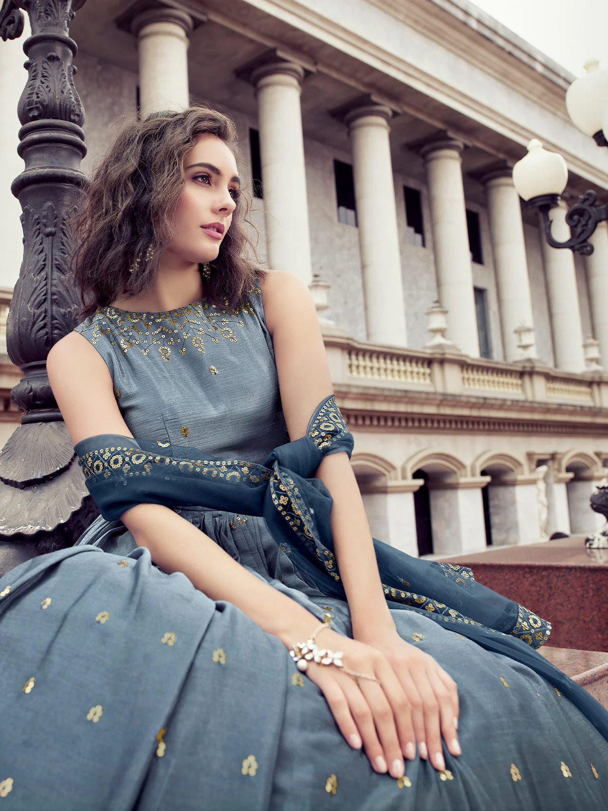 Odette Women Dark Grey Shaded Semi Stitched Gown With Dupatta - Image 4