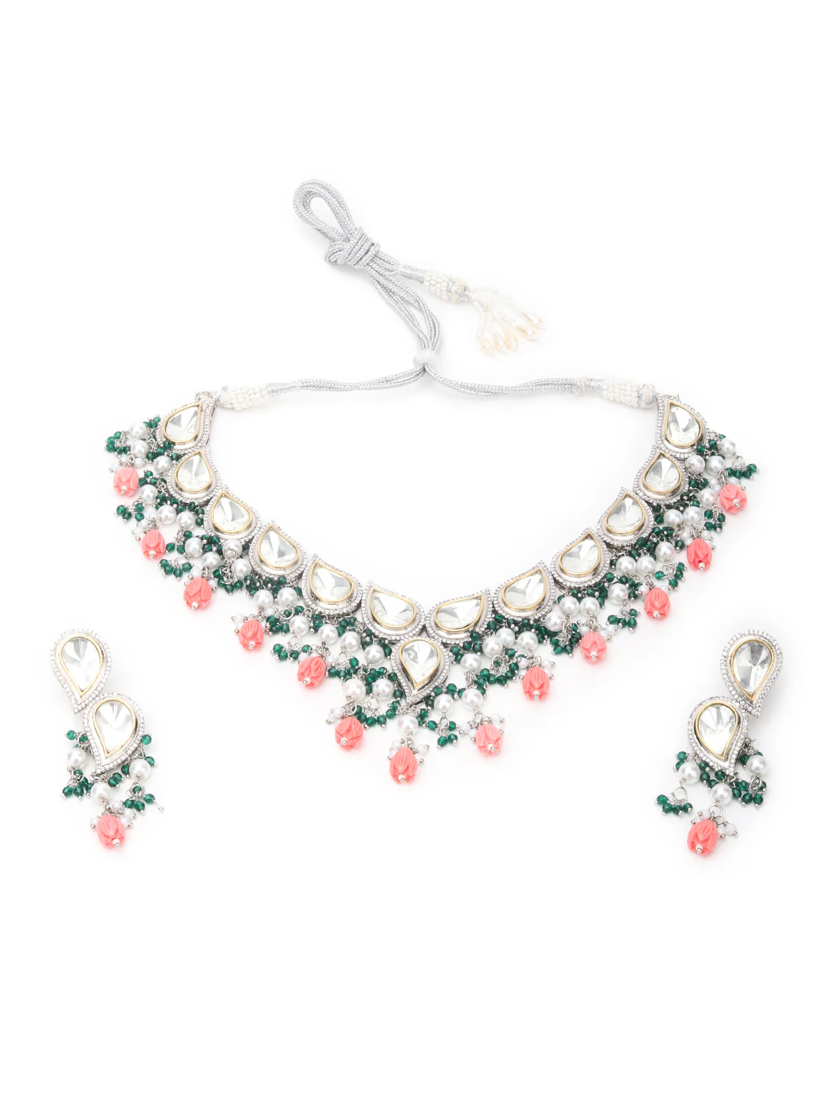 Odette Green And Peach Alloy Jewellery Set For Women - Image 3