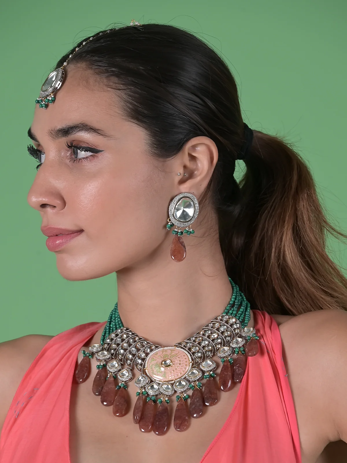 Odette Green And Brown Alloy Jewellery Set For Women - Image 2