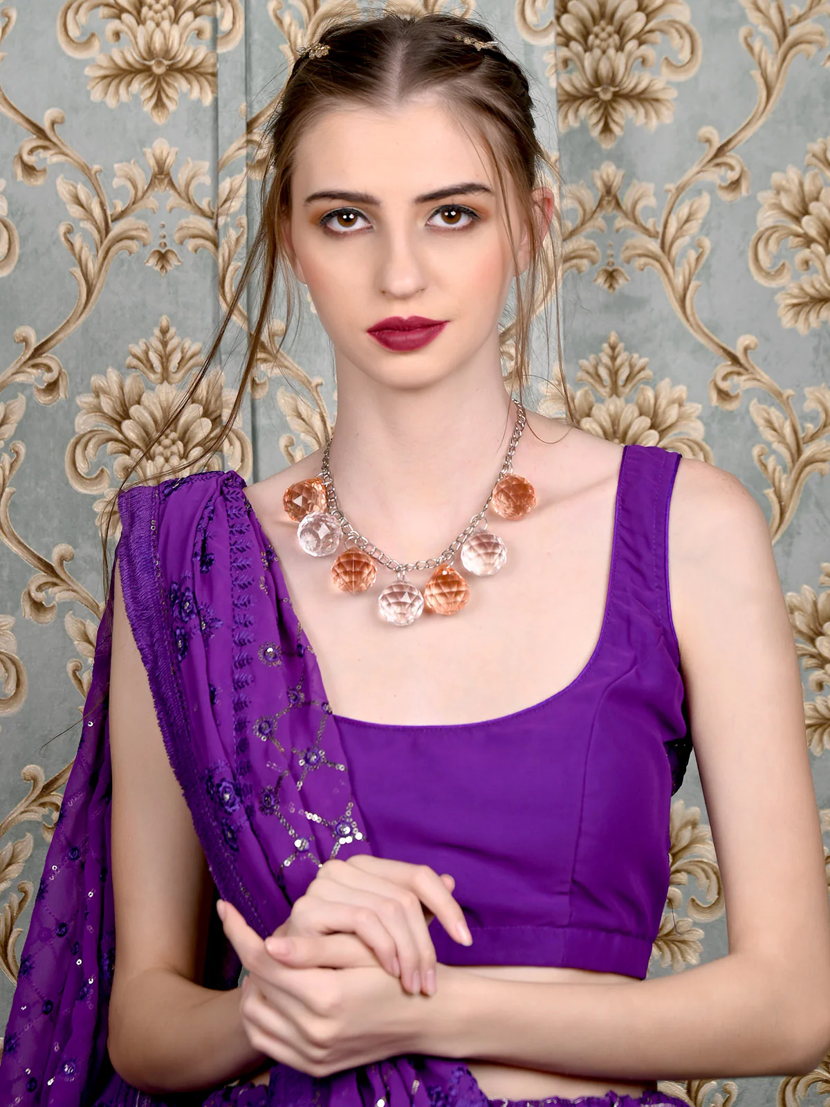 Odette Women Dazzling Peach And White Big Beads Necklace - Image 2