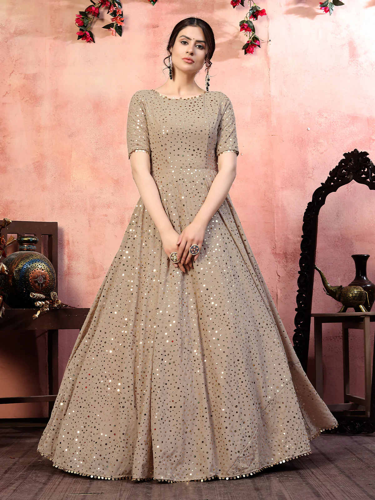 Odette Women Designer Beige Georgette Semi Stitched Gown - Image 3