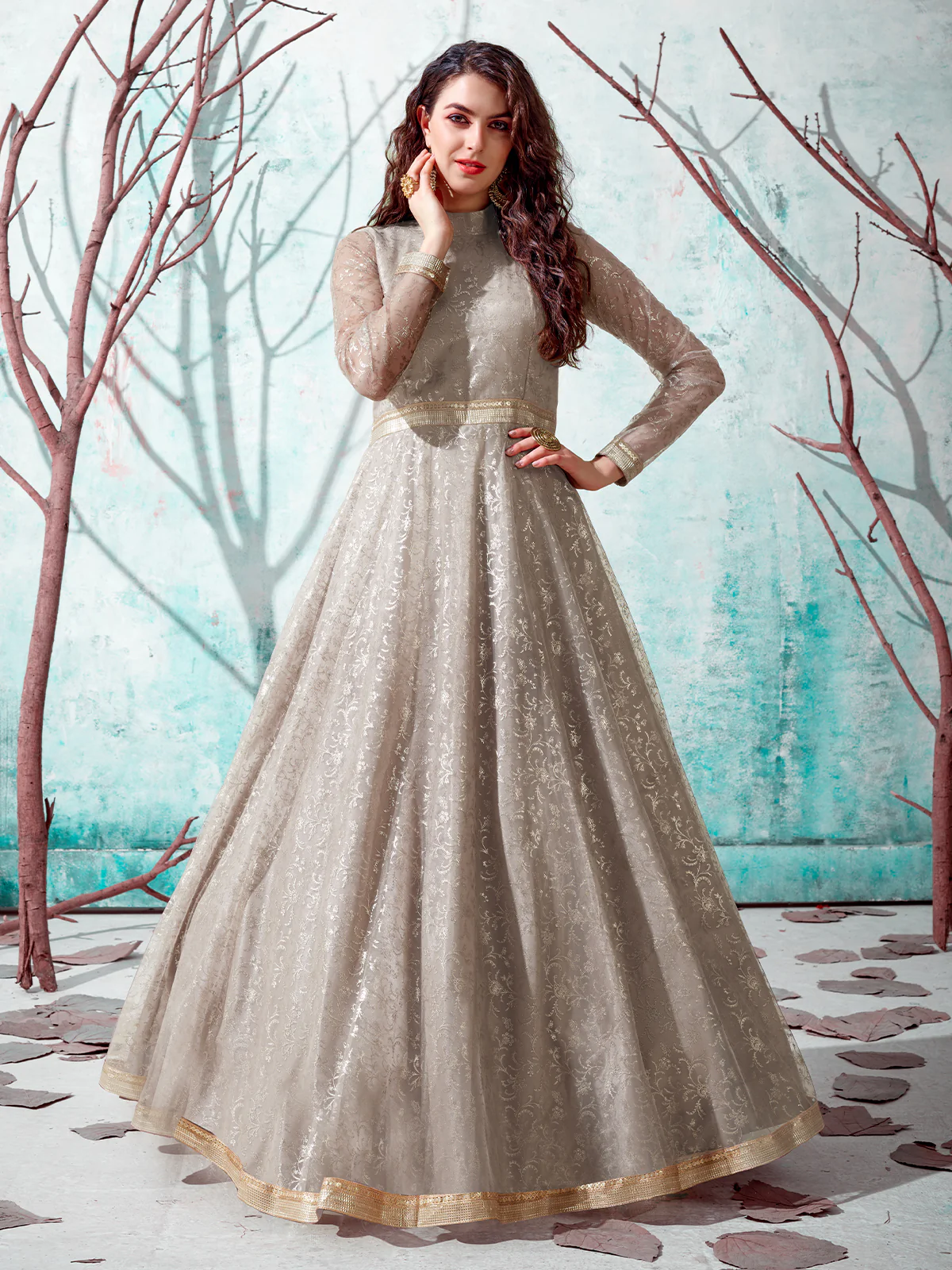 Odette Women Designer Beige Net Semi Stitched Gown - Image 3