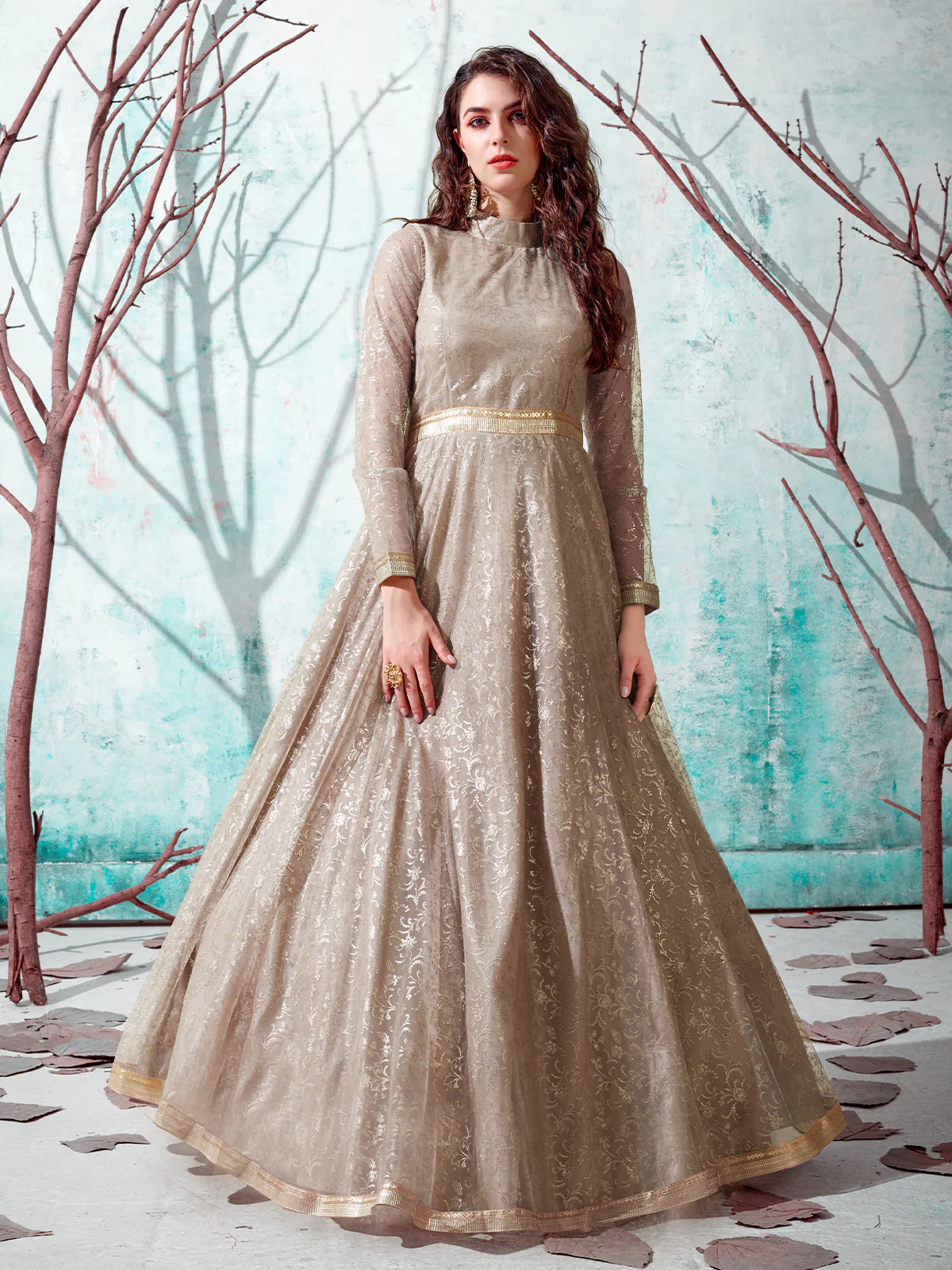 Odette Women Designer Beige Net Semi Stitched Gown - Image 4