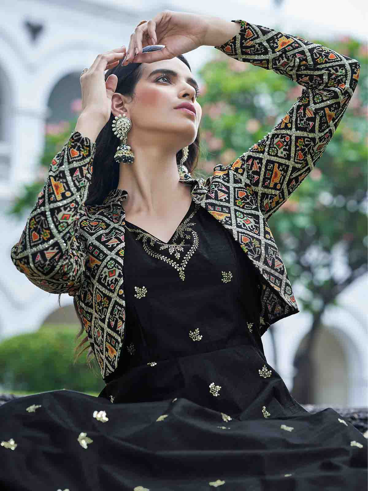Odette Women Designer Black Cotton Semi Stitched Gown - Image 4