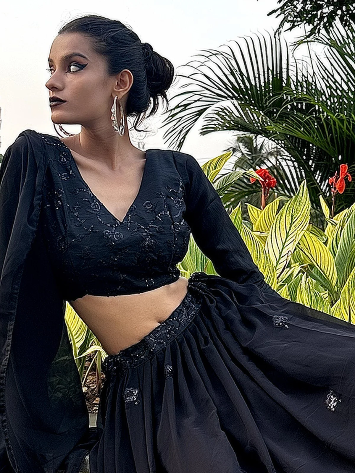 Odette Women Designer Black Georgette Semi Stitched Lehenga With Unstitched Blouse - Image 2