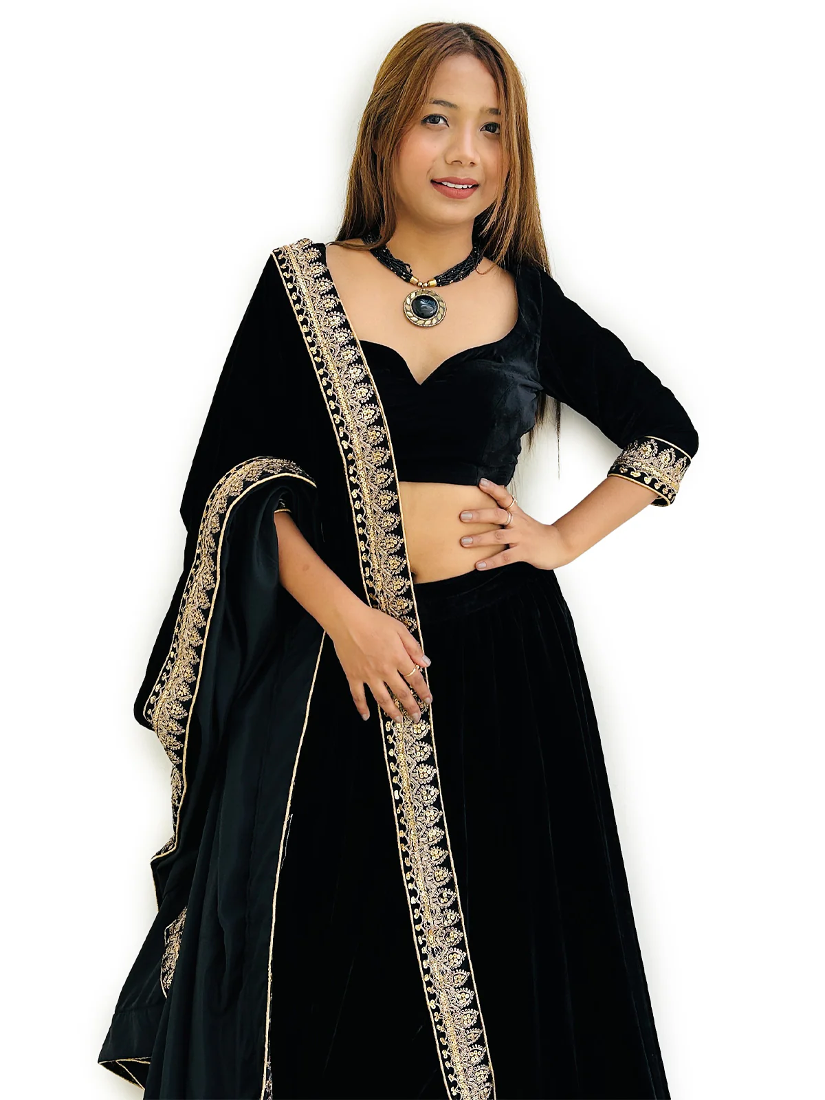 Odette Women Designer Black Semi Stitched Lehenga With Unstitched Blouse - Image 5